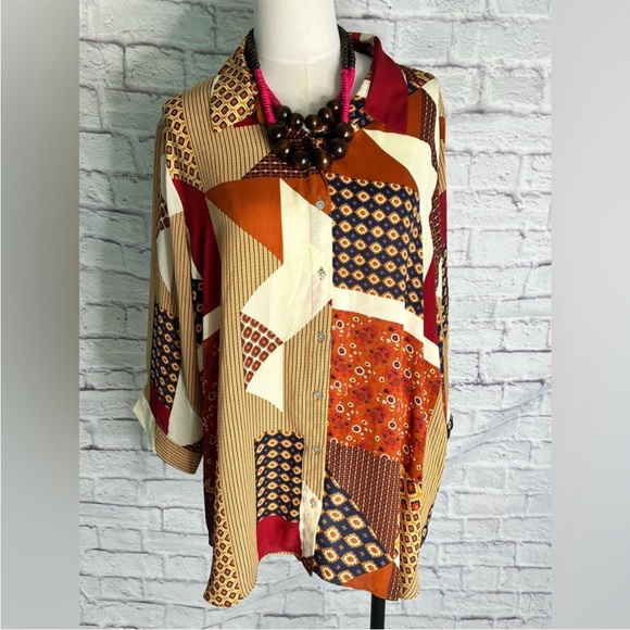 Rose & Olive Tops - Rose and Olive patchwork printed button down blouse women’s size 2X